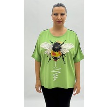 AlanyaXXL Büyük Beden Arı Motifli Taşlı Inci Detaylı Oversize Kısa Kol Kadın Tişört