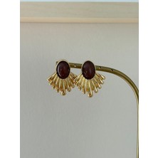 Marsel Kahverengi Mineli Yelpaze Model Orta Boy Gold  Çelik Küpe