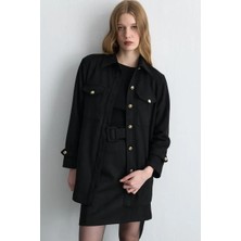 Gusto Beli Kemerli Suni Süet Ceket - Siyah