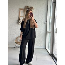 Nnstartshopping  Kadın Tek Omuzdan Açık Geniş Kesim Viskon Iki Iplik Bluz ve Pantolon Ikili Takım