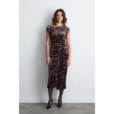 Gusto Anka Koleksiyonu Desenli Uzun Kadife Elbise - Siyah