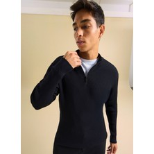People By Fabrika Dik Yaka Classic Fit Fitilli Siyah Erkek Kazak PBF5WM-KZK9538