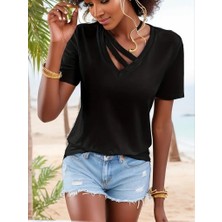 Nnstartshopping  Kadın Kısa Kollu V Yaka Şerit Detay Viskon Bluz