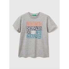 Benetton Baskılı Gri Melanj Erkek Çocuk T-Shirt 3I1XC10Q4