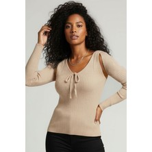 Teenage Millionaire Kadın Taş Kum Bej Üst Kalite Dokuma Uzun Kollu Fitilli Bluz Body