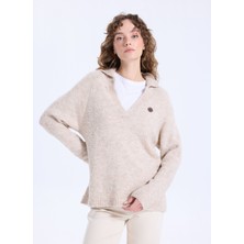 Jeep Polo Yaka Relaxed Düz Örgü Desenli Bej Kazak Kadın J5WL-KZK7120