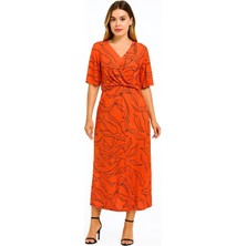 Şans Kadın Büyük Beden Nar, Düşük Kol, Ön Detaylı Desenli Jarse Elbise 65N39210