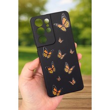 Vip Case Samsung Galaxy S21 Ultra-Turuncu Kelebek Desenli Silikon Darbe Emici Klasik Korumalı Rubber Kılıf