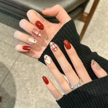 Takma Takma 10'lu Kırmızı Kısa Oval  TT1124 Tekrar Kullanılabilir El Yapımı Protez Takma Tırnak - Kırmızı-L