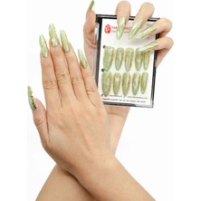 Takma Takma 10'lu Yeşil Uzun Badem TT1027 Tekrar Kullanılabilir El Yapımı Protez Takma Tırnak - Yeşil-L