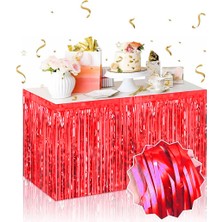 Mayf Kendinden Yapışkanlı Kırmızı Metalize Püsküllü Masa Eteği – 75 x 275 cm Parti Süslemesi (5332)