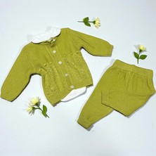 Bebe Yaka Bodyli Dokulu Örgü Triko Üçlü Alt Üst Takım - ANG1616-FISTIK Yeşili-6 - 9 Ay Fıstık Yeşili