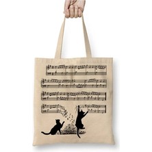 Toyaso Yaramaz Komik Müzik Notalı Kedi Cat Beyaz Bez Çanta Uzun Saplı Alışveriş Çantası Plaj Çantası
