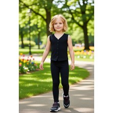 PayBuy Kız Çocuk V Yaka Düğmeli Fitilli Yelek ve Esnek Tayt Takımı Kaliteli Şık Rahat