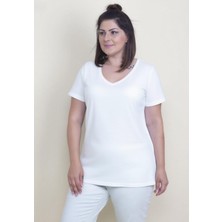 Şans Kadın Büyük Beden Beyaz Pamuklu Kumaş V Yaka Bluz