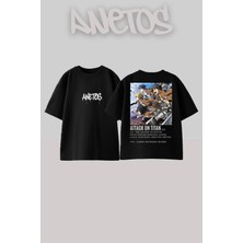 Anetos Attack On Titan 2 Tasarım Sırt Baskılı Pamuk Siyah Oversize T-Shirt