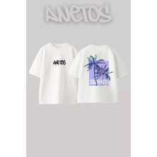 Anetos Summer Tasarım Sırt Baskılı Pamuk Beyaz Oversize T-Shirt