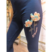 Şimo Butik Kız Çocuk Tayt Kışlık Şardonlu Pamuklu Beli Lastikli Nakışlı Lale Lacivert