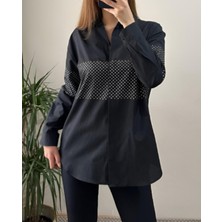 Zy Plus Siyah Önü Taşlı Poplin Gömlek