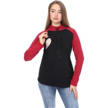 Luvmabelly Kadın MYRA4525 Bordo&siyah Emzirme Sweatshirt Kapüşonlu ve Cepli Uzun Kol Tasarım