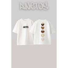Anetos Lovers 1 Tasarım Sırt Baskılı Pamuk Beyaz Oversize T-Shirt