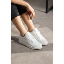 Navi Shoes Kadın Bağcıklı Spor Ayakkabı Sneaker 121NAV Suni Deri Düz Taban Beyaz Renk