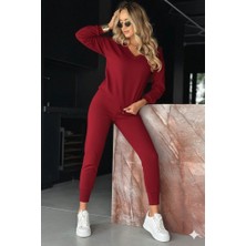 Sosostyle Kadın Uzun Kollu V Yakalı Viskon Iki Iplik Bluz ve Pantolon Ikili Takım