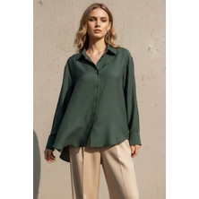Lupinn Regular Zümrüt Yeşili Jakarlı Ipeksi Yumuşaklıkta Dokulu Kadın Gömlek Modal Kadın Gömlek,