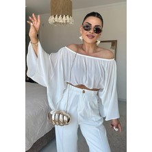 Eswomes Yaka Lastikli Yarasa Kol Oversize Bluz Beyaz
