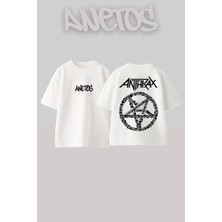 Anetos Anthrax Tasarım Sırt Baskılı Pamuk Beyaz Oversize T-Shirt