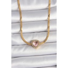 Mena Rise 316L Çelik Gold Renk Italyan Zincir Pembe Zirkon Taşlı Kalp Model Kadın Kolye - Lisinya
