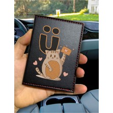 Nurdic Desenli Ruhsat Kabı Logolu Oto Kılıfı Deri Dikişli Araç Ruhsat Koruyucu Ü Harfi Kedili