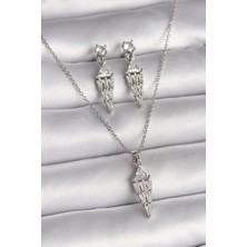 Mena Rise 316L Çelik Gümüş Renk Zincir Sallantı Zirkon Taş Model Kadın Kolye Küpe Seti - Lisinya