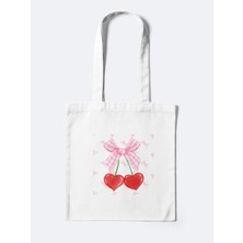 Junobi Fermuarlı Bez Çanta – Coquette Pembe Fiyonk ve Kalpli Kiraz Desenli – 35X40 cm