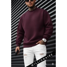 Millionaire Erkek Bordo Koyu Vişne Çürüğü Basic 0 Sıfır Yaka Baskısız Düz Oversize Salaş Bol Kesim Sweatshirt