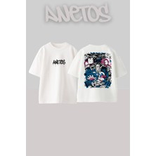 Anetos One Piece Kuma Tasarım Sırt Baskılı Pamuk Beyaz Oversize T-Shirt