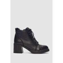 Selin Shoes Nuvee Hakiki Deri Bağcıklı ve Yandan Fermuarlı Kadın Bot- Siyah