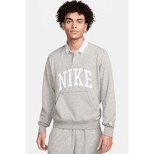 Nike Clup Fleece Long-Sleeve Fleece Polo Mens Sweatshirt Erkek Pamuklu Polo Yaka Sweatshirt Gri