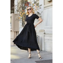 Jument Kadın Keten Detaylı Üst Kısmı Likralı Kısa Kol Beli Büzgülü Uzun Elbise-Siyah