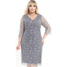 Ladies First Büyük Beden 3995 Gri Kısa Abiye Elbise