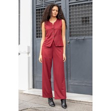 Jument Kadın Süet Dokulu Kumaş Geniş Sıfır Yakalı Flato Cepli Yelek-Bordo