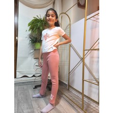Şimo Butik Kız Çocuk Tayt Kışlık Pamuklu Şardonlu Beli Lastikli Kurdeleli Kedi Gül Kurusu Dar Kalıp