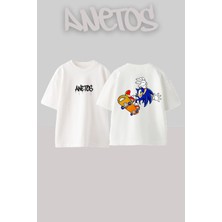Anetos Sonic Tasarım Sırt Baskılı Pamuk Beyaz Oversize T-Shirt