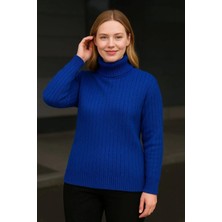 Silerra Kadın Balıkcı Yaka Bağazlı Triko Kazak Pamuklu Kalın Fitilli Dokuma - Saks Mavisi