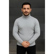 Silerra Erkek Balıkcı Yaka Bağazlı Triko Kazak Pamuklu Kalın Fitilli Dokuma, Regular Fit Uzun Kollu Kışlık Model - Gri