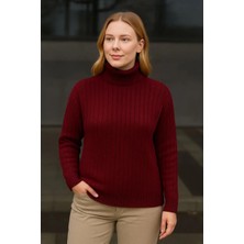 Silerra Kadın Balıkcı Yaka Bağazlı Triko Kazak Pamuklu Kalın Fitilli Dokuma - Bordo