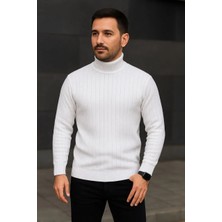 Silerra Erkek Balıkcı Yaka Bağazlı Triko Kazak Pamuklu Kalın Fitilli Dokuma, Regular Fit Uzun Kollu Kışlık Model - Beyaz