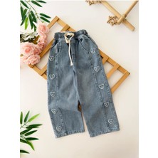 Miniğimin Cicileri Kalp Içi Taş Detaylı Kız Çocuk Yumuşak kot pantolon - Mavi