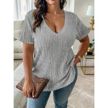 Nnstartshopping  Kadın Kısa Kollu V Yaka Fitilli Kaşkorse Bluz