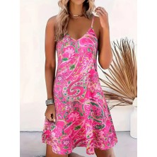 Nnstartshopping  Kadın Ip Askılı V Yakalı Desenli Kısa Süprem Mini Elbise